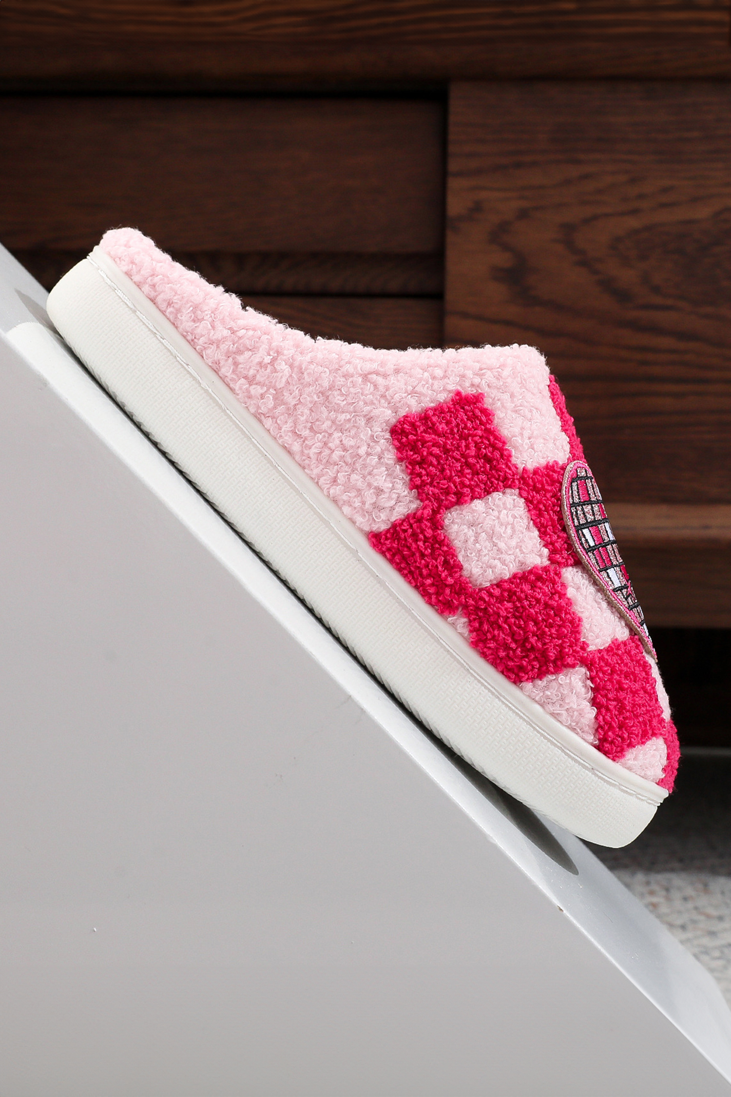 Fiery Red Disco Checkered Heart Plush Winter House Slippers - loveforevers