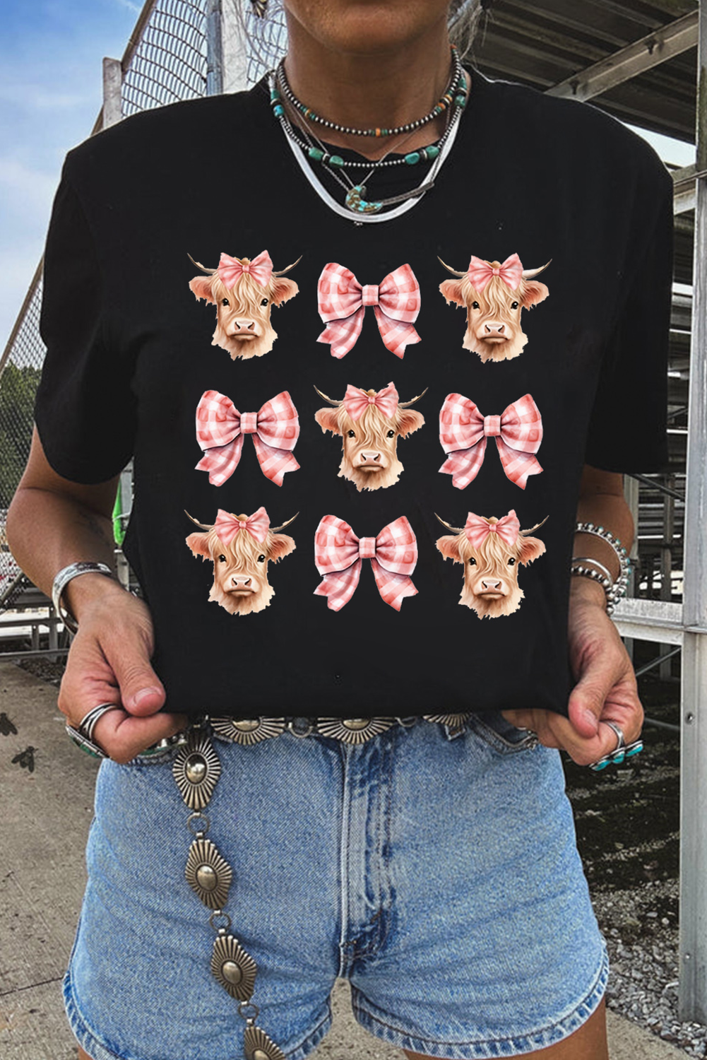 Black Cow with Bow Graphic Crewneck Western Tee - loveforevers