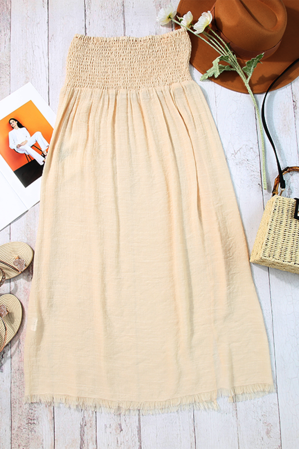 Beige Shirred High Waist Split Long Beach Skirt - loveforevers