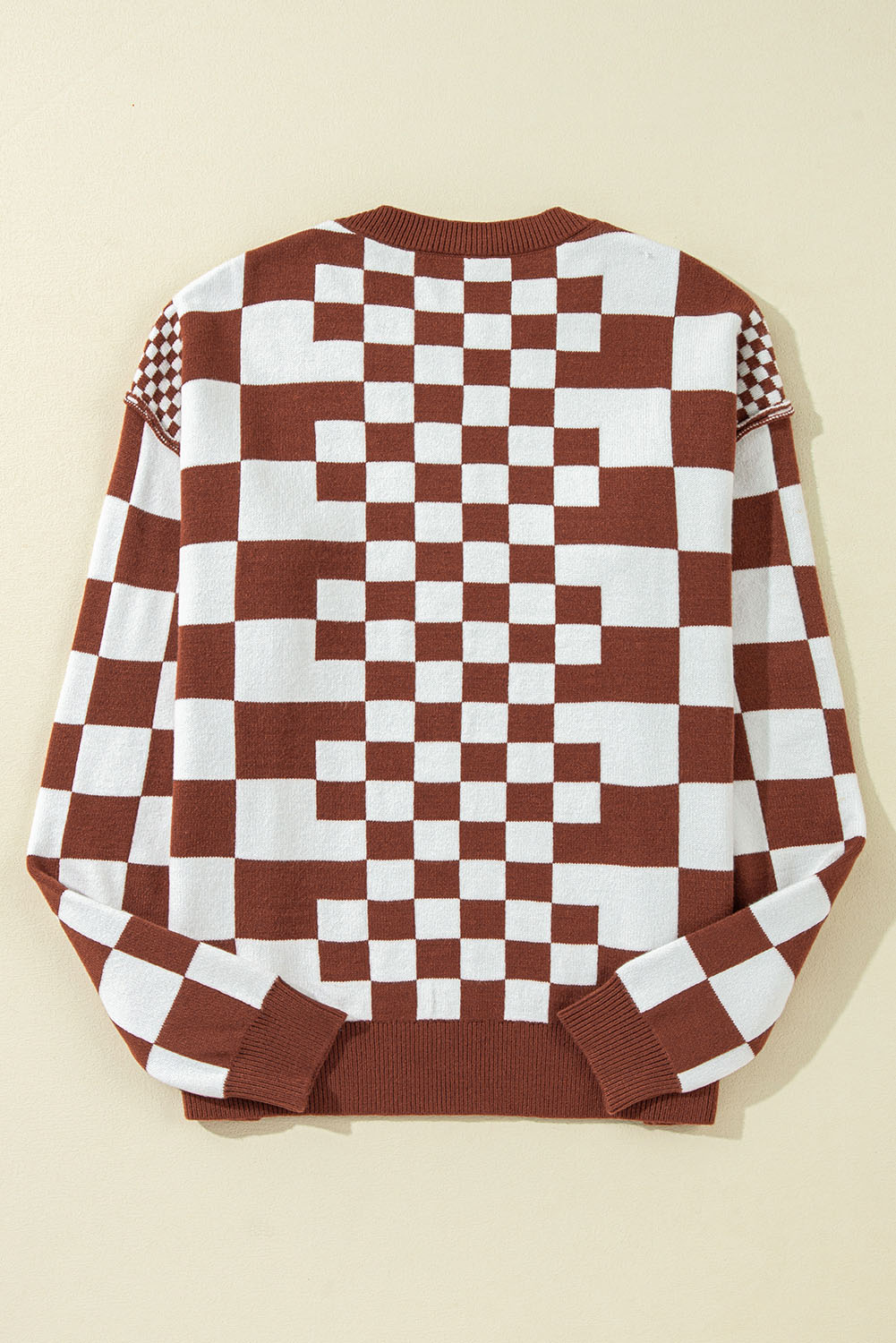 Khaki Checkered Print Drop Shoulder Round Neck Sweater - loveforevers