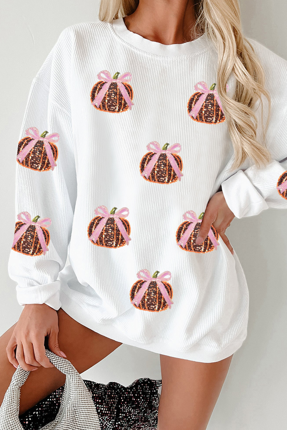 White Twisted Ribbed Sequin Bow Pumpkin Graphic Baggy Sweatshirt - loveforevers