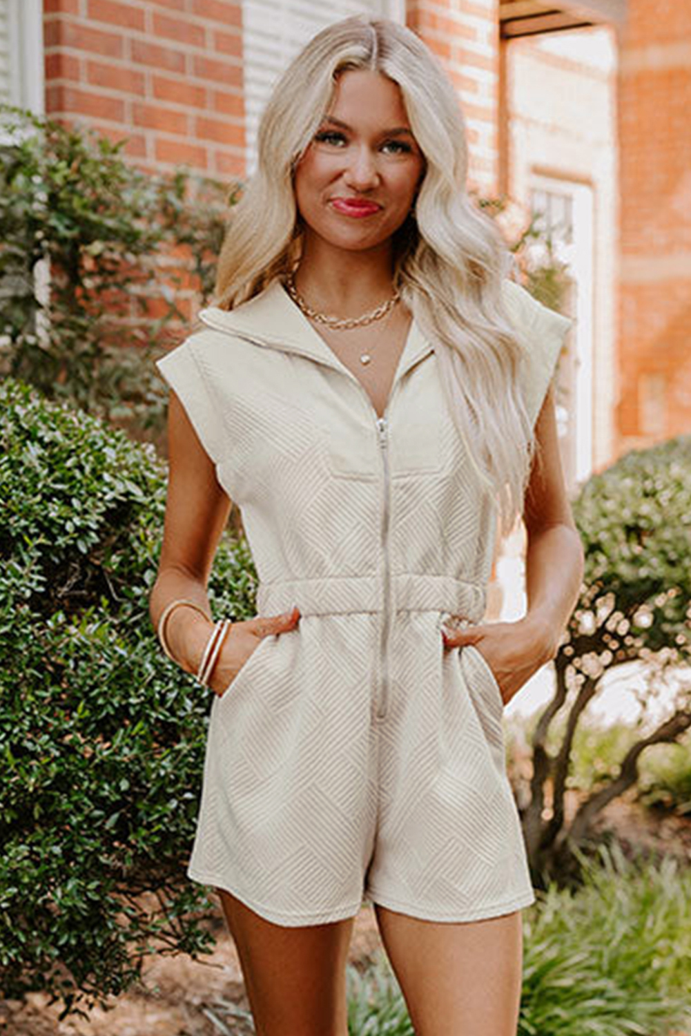 Jet Stream Textured Zipped Front V Neck Collared Casual Romper - loveforevers