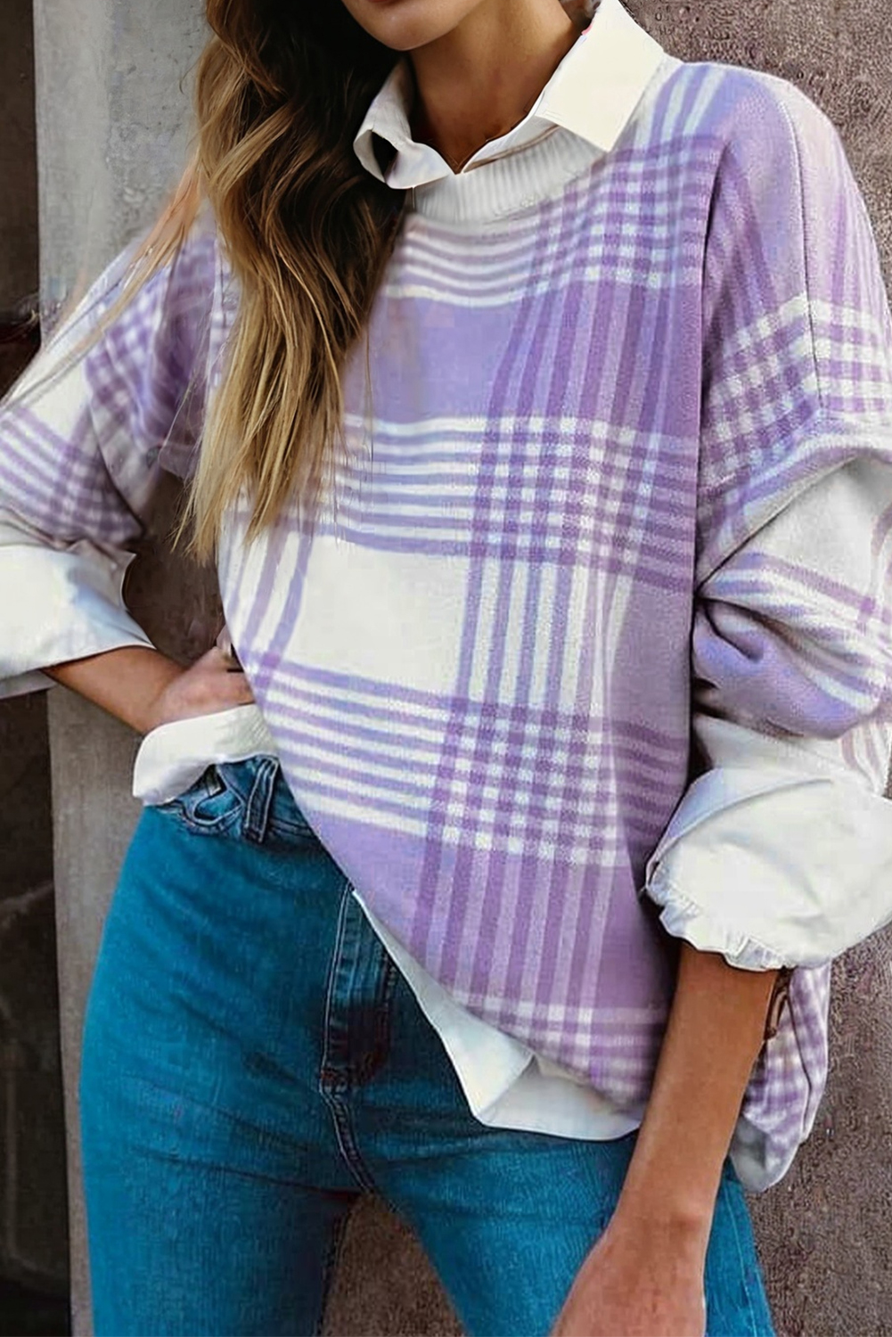 Lilac Plaid Print Ribbed Trim Loose Sweater - loveforevers
