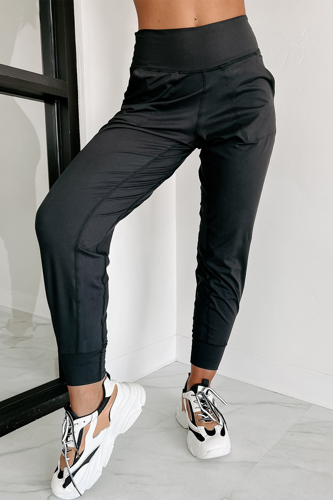 Black Exposed Seam High Waist Pocketed Joggers - loveforevers