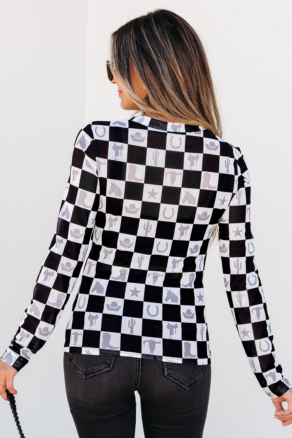 Khaki Checkered Pattern Mesh Mock Neck Long Sleeve Top - loveforevers
