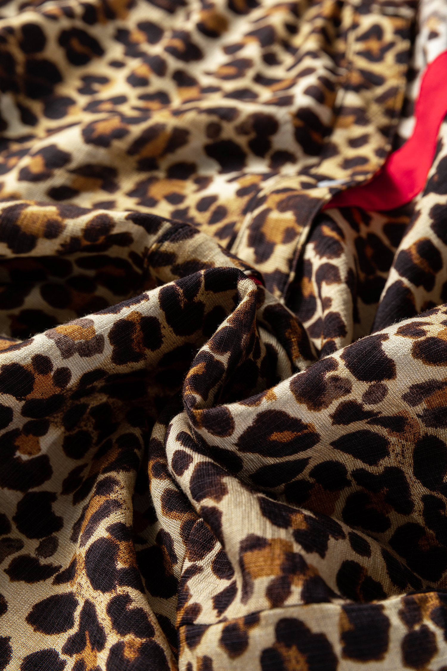 Brown Fierce Leopard Allure Contrast Ruffle Trim V Neck Shirt - loveforevers