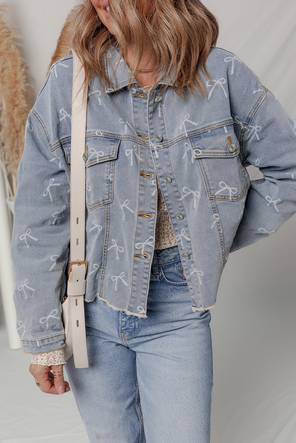 Sky Blue Bow Knot Print Light Wash Raw Hem Denim Jacket - loveforevers