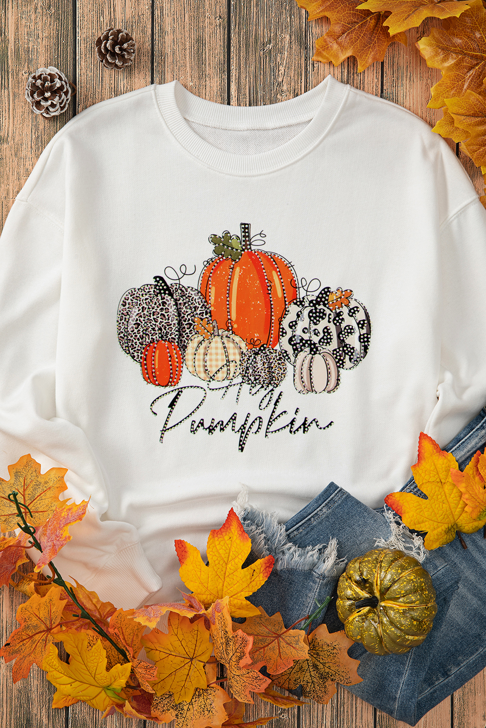 Beige Rhinestone Pumpkin Graphic Crewneck Thanksgiving Sweatshirt - loveforevers