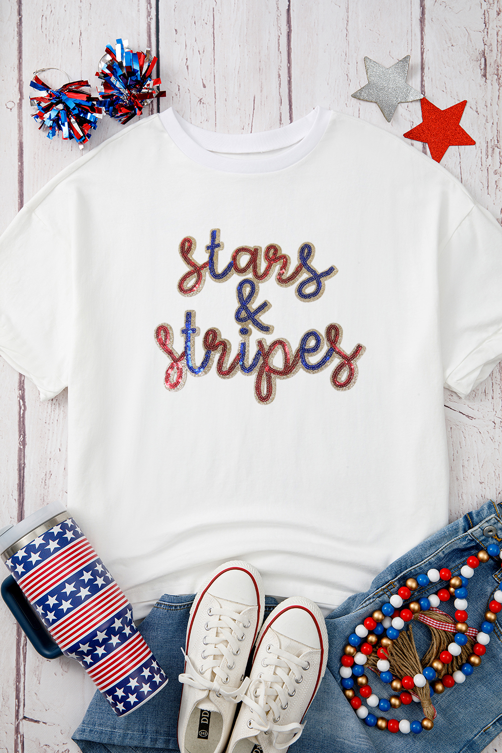 White Sequin stars & stripes Graphic Drop Shoulder Loose T Shirt - loveforevers