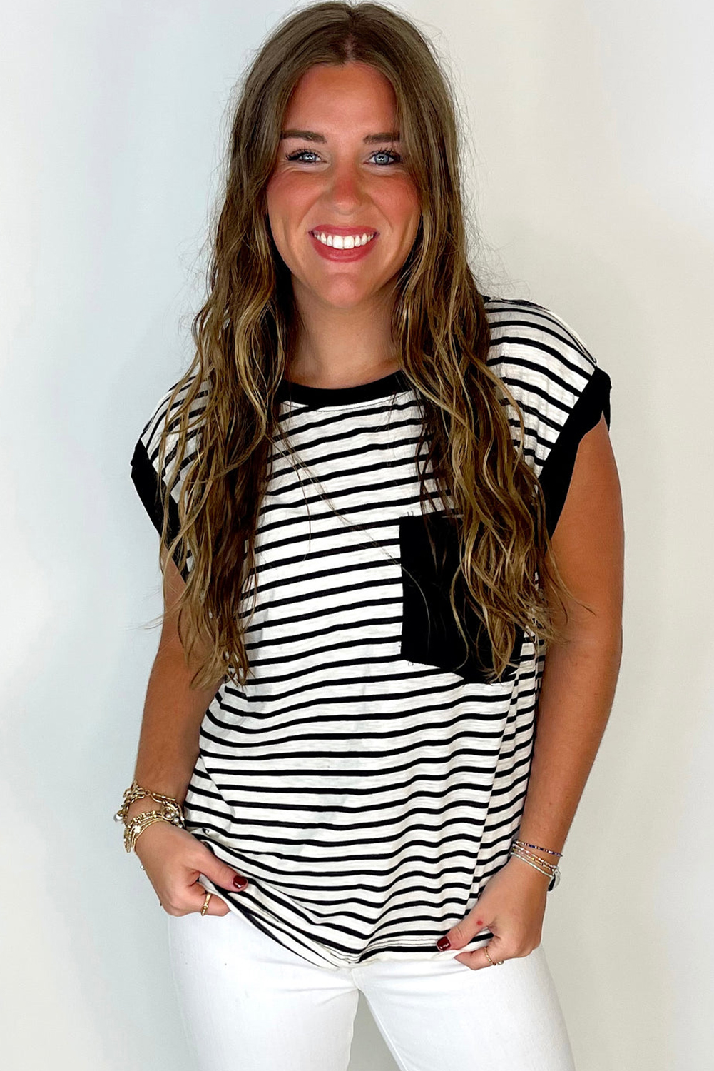 Red Stripe Chest Pocket Patch Round Neck Tank Top - loveforevers