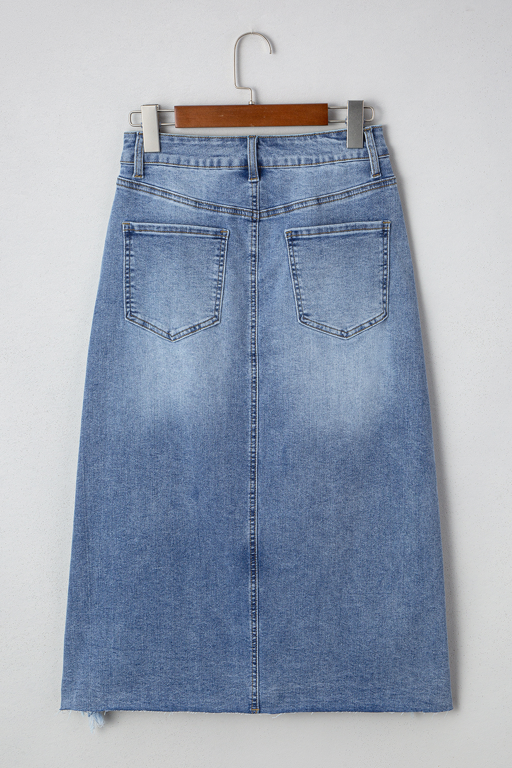 Sail Blue Dearlove Irregular Distressed Bottom Denim Midi Skirt - loveforevers