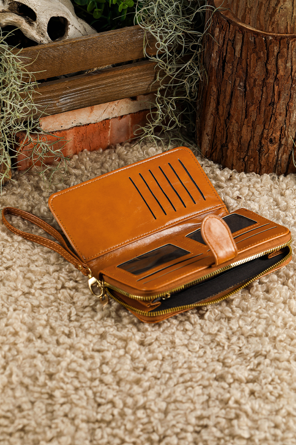 Cinnamon Faux Leather Zip Around Wrist Strap Long Wallet - loveforevers