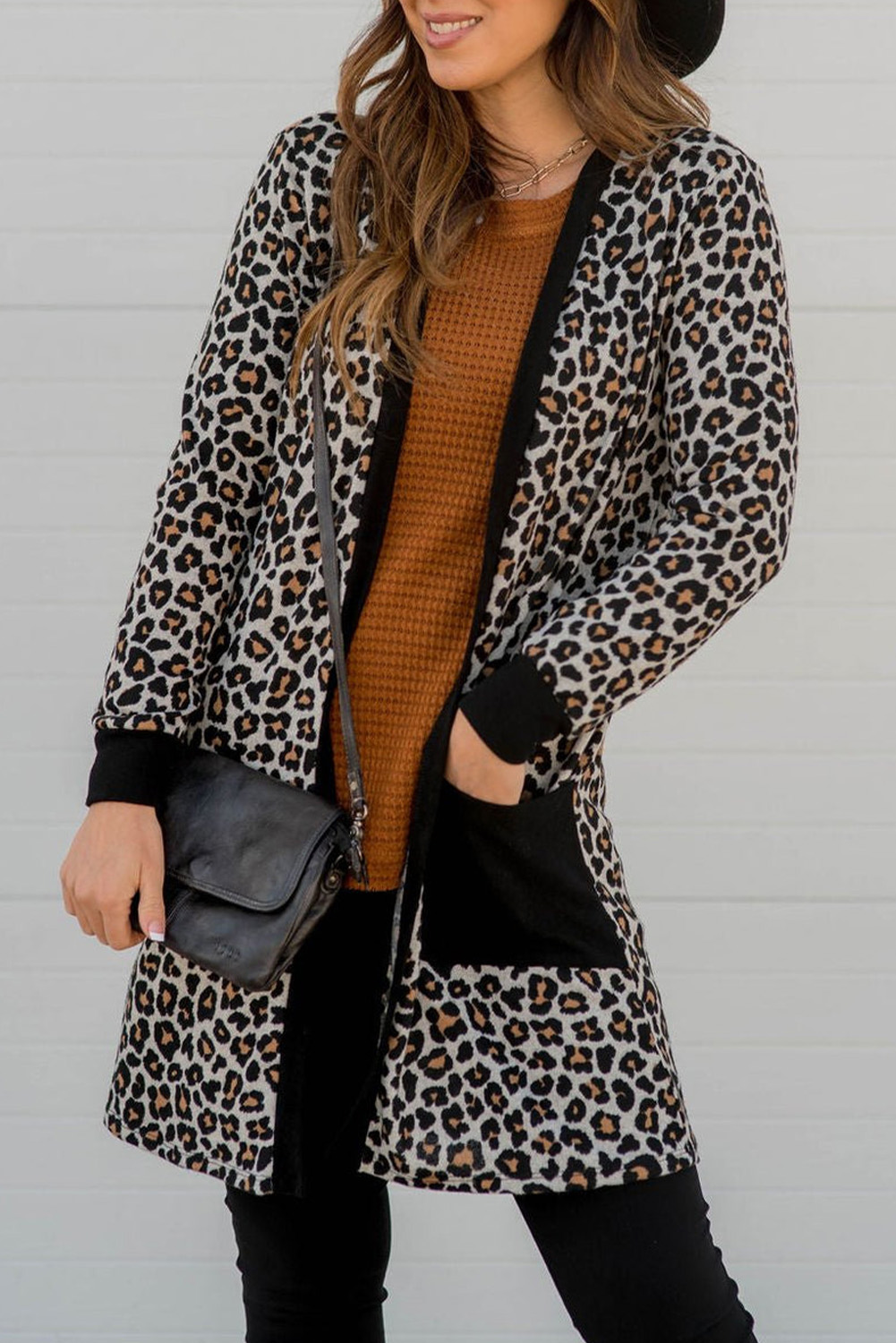 Black Leopard Patched Pocket Open Front Cardigan - loveforevers