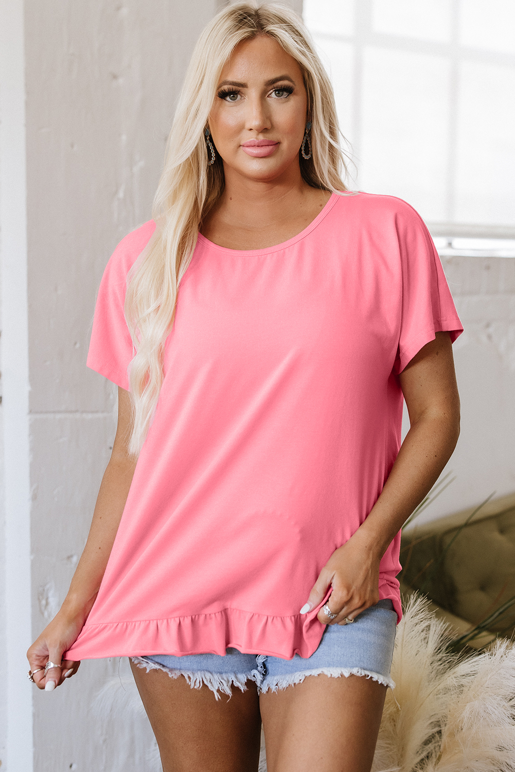 Pink Frilled Hem Loose T-Shirt - loveforevers