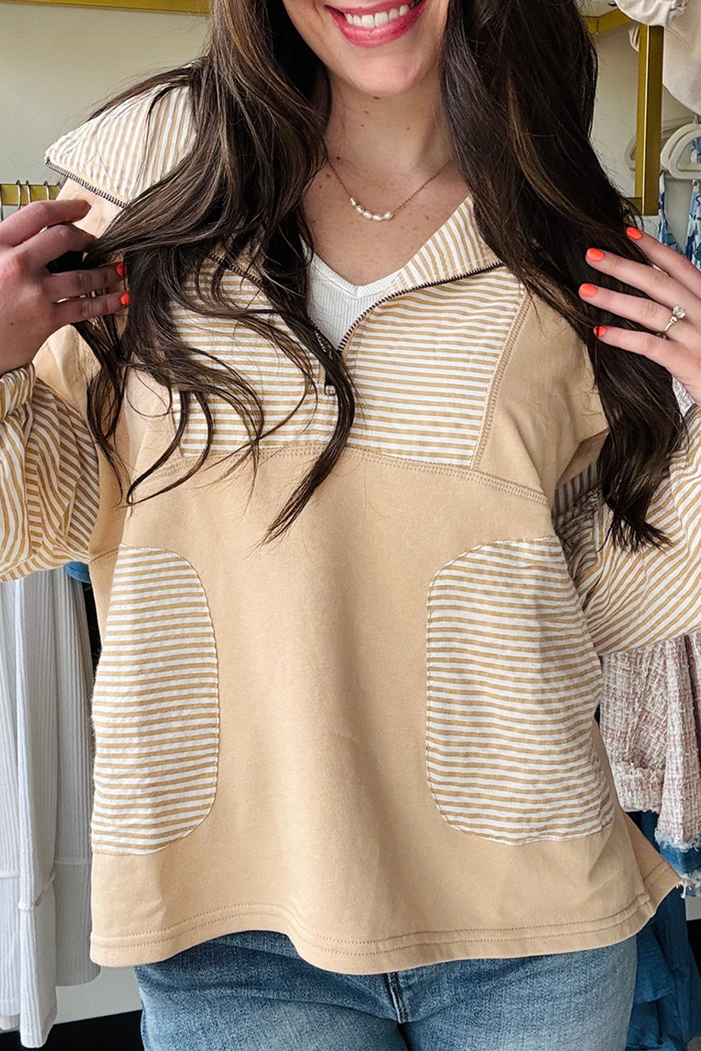 Smoke Gray Quarter Zip Striped Patchwork Drop Shoulder Loose Long Sleeve Top - loveforevers