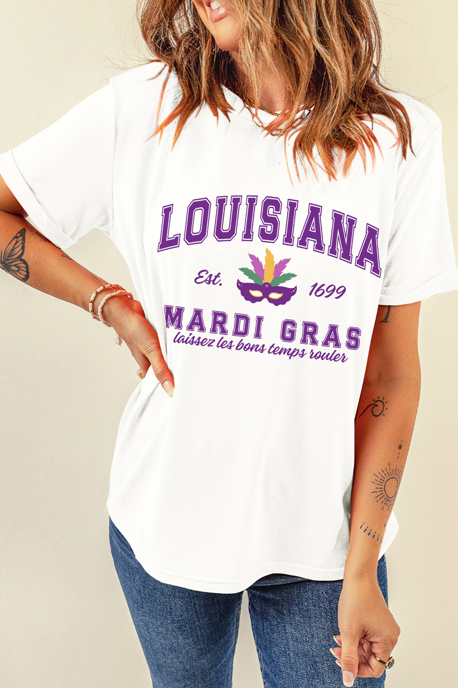 White LOUISIANA MARDI GRAS Retro Print T Shirt - loveforevers