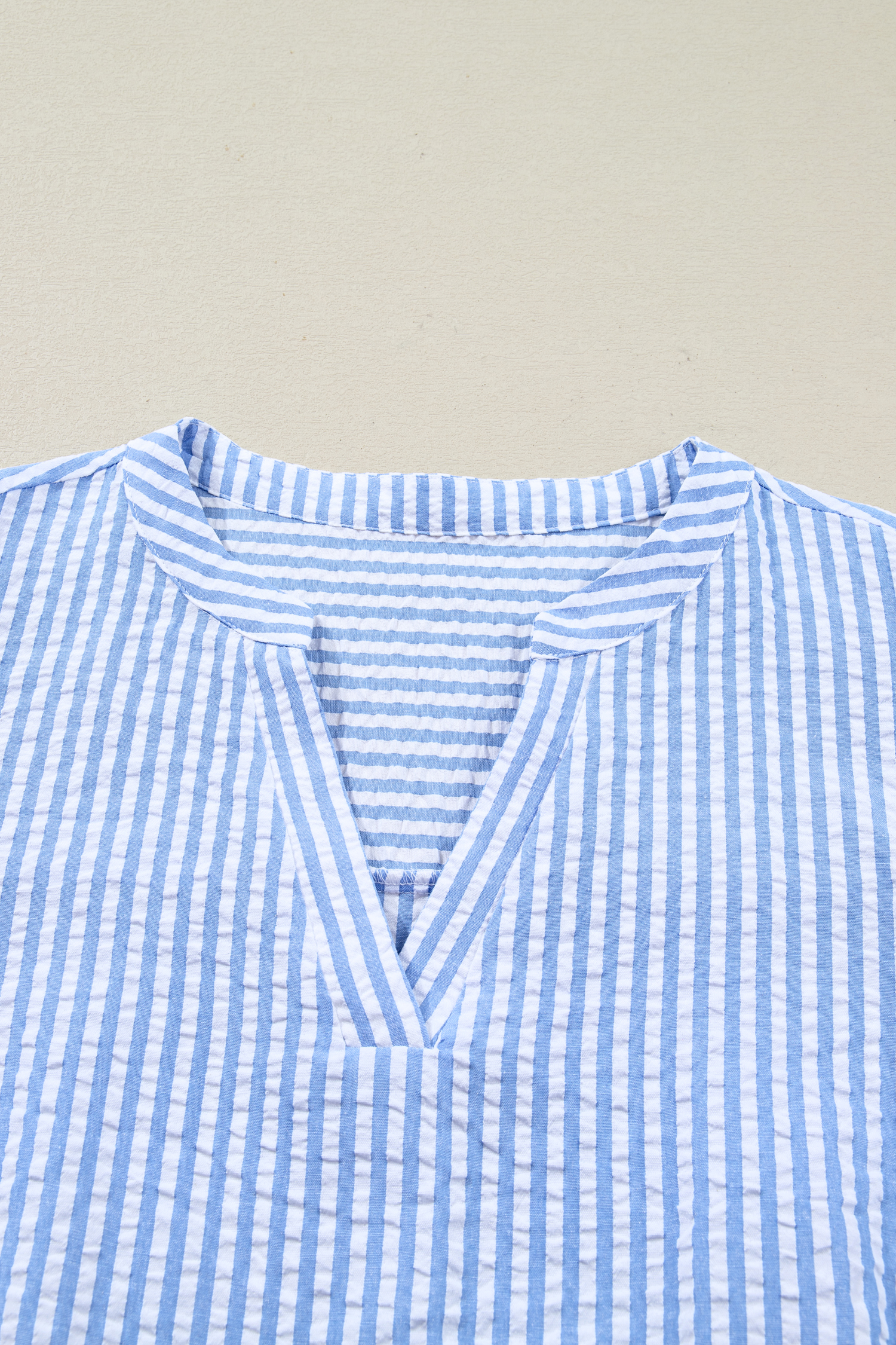 Sky Blue Stripe Seersucker Textured Notched Neck Long Puff Sleeve Tiered Curvy Dress - loveforevers