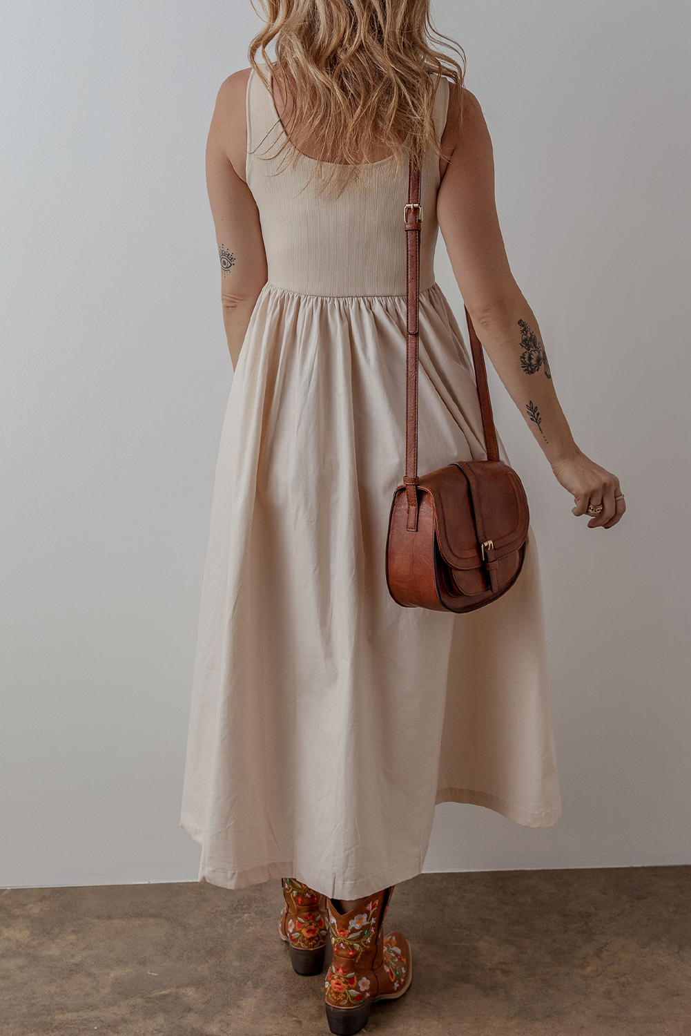 Beige Scoop Neck Ribbed Bodice Pleated Sleeveless Long Dress - loveforevers