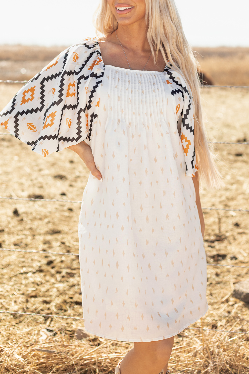 Beige Western Aztec Print Pleated Square Neck Loose Mini Dress - loveforevers