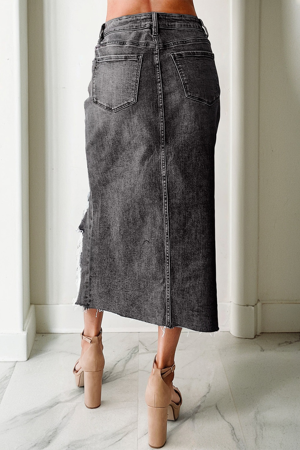 Sail Blue Dearlove Irregular Distressed Bottom Denim Midi Skirt - loveforevers