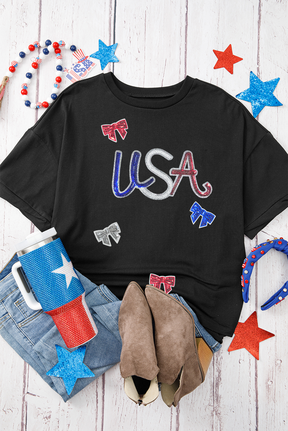 Black Sequin USA Bow Graphic Independence Day T Shirt - loveforevers
