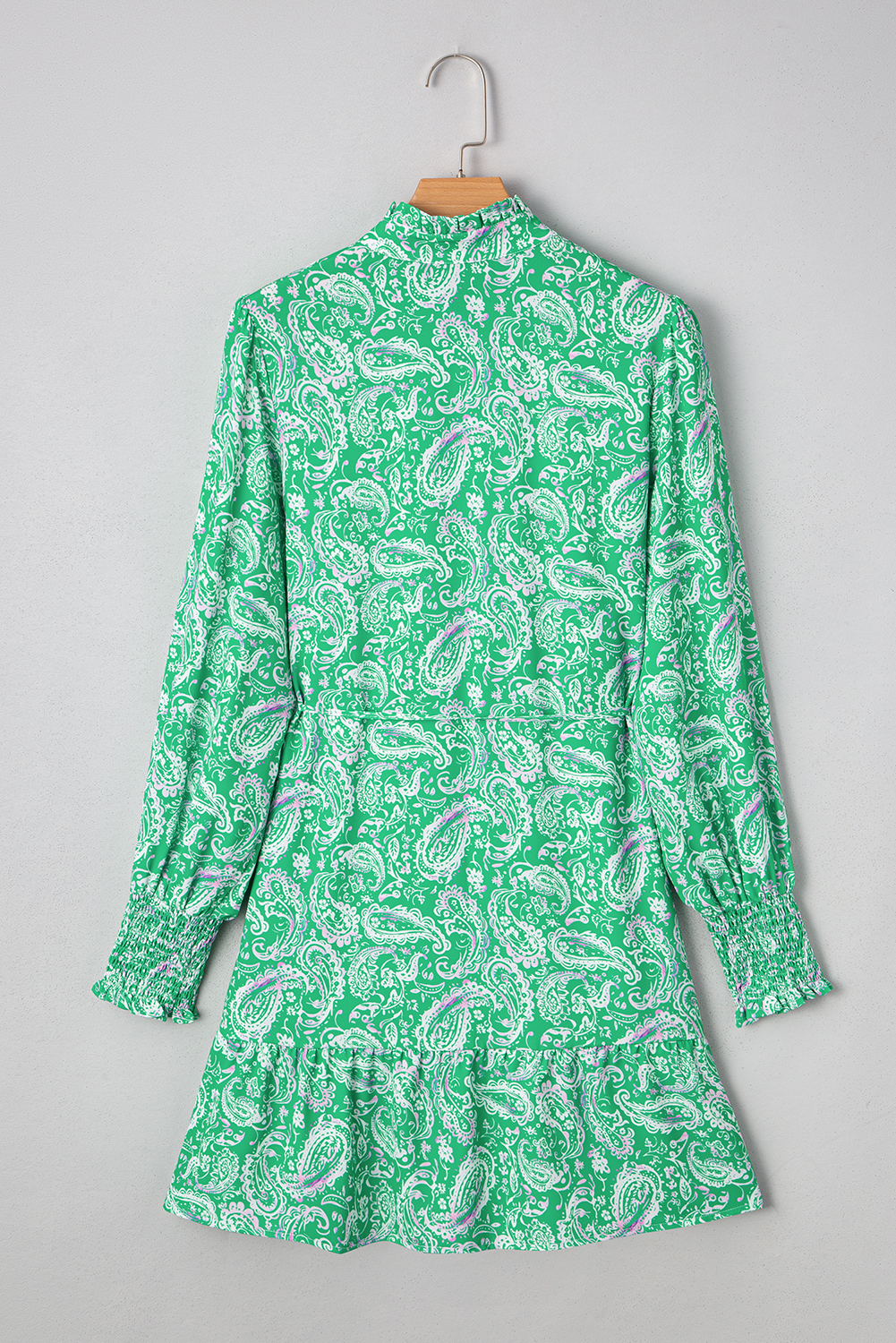 Green Paisley Print Long Sleeve Button Front Tied Waist Mini Dress - loveforevers