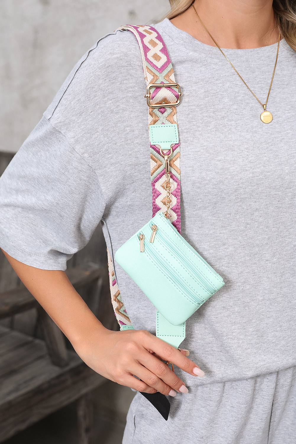 Sea Green Geometric Printed Phone Strap And Detachable Zipped Pouch - loveforevers