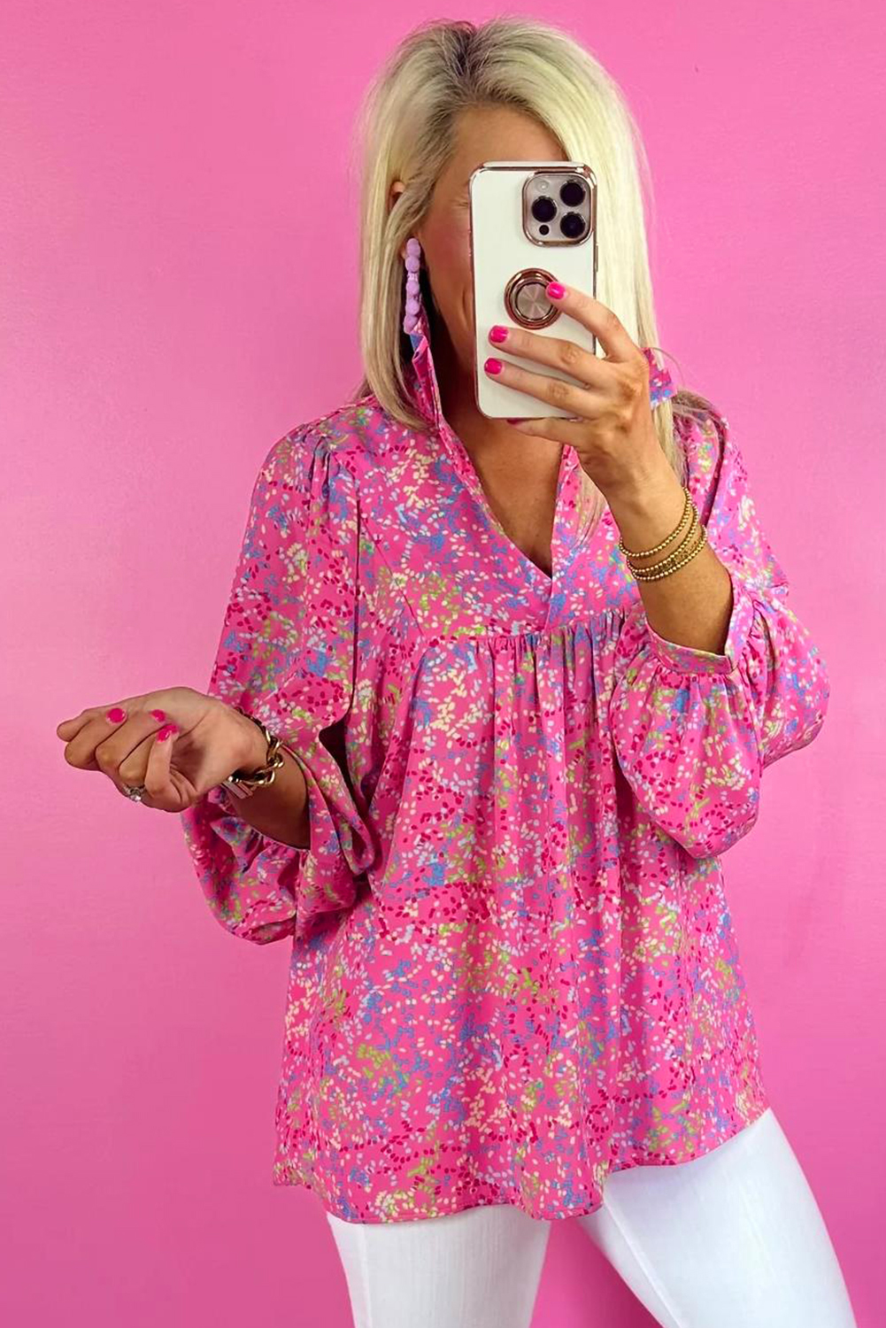 Bonbon Abstract Print Collared V Neck Babydoll Blouse - loveforevers