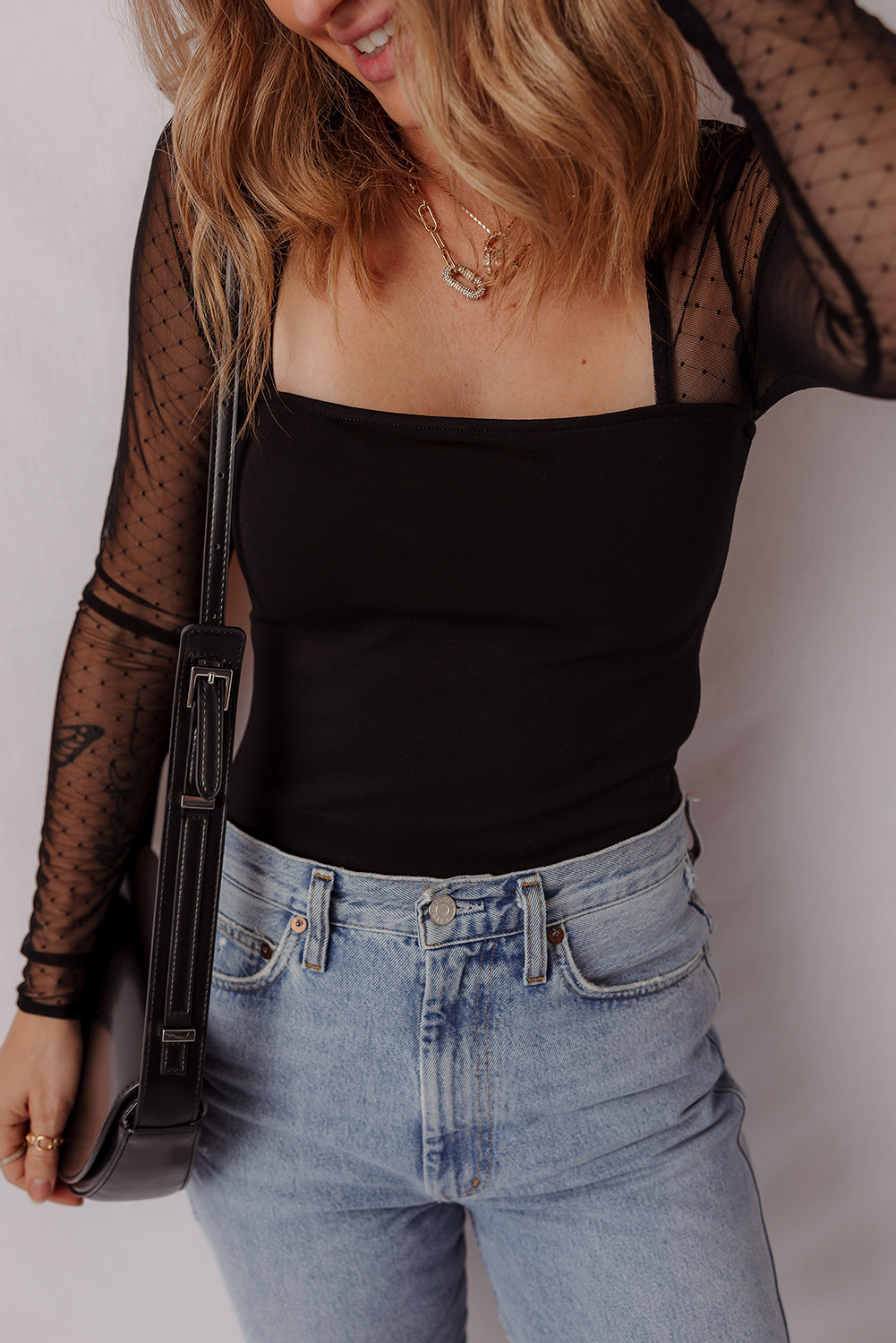 Black Polka Dot Mesh Long Sleeve Square Neck Bodysuit - loveforevers