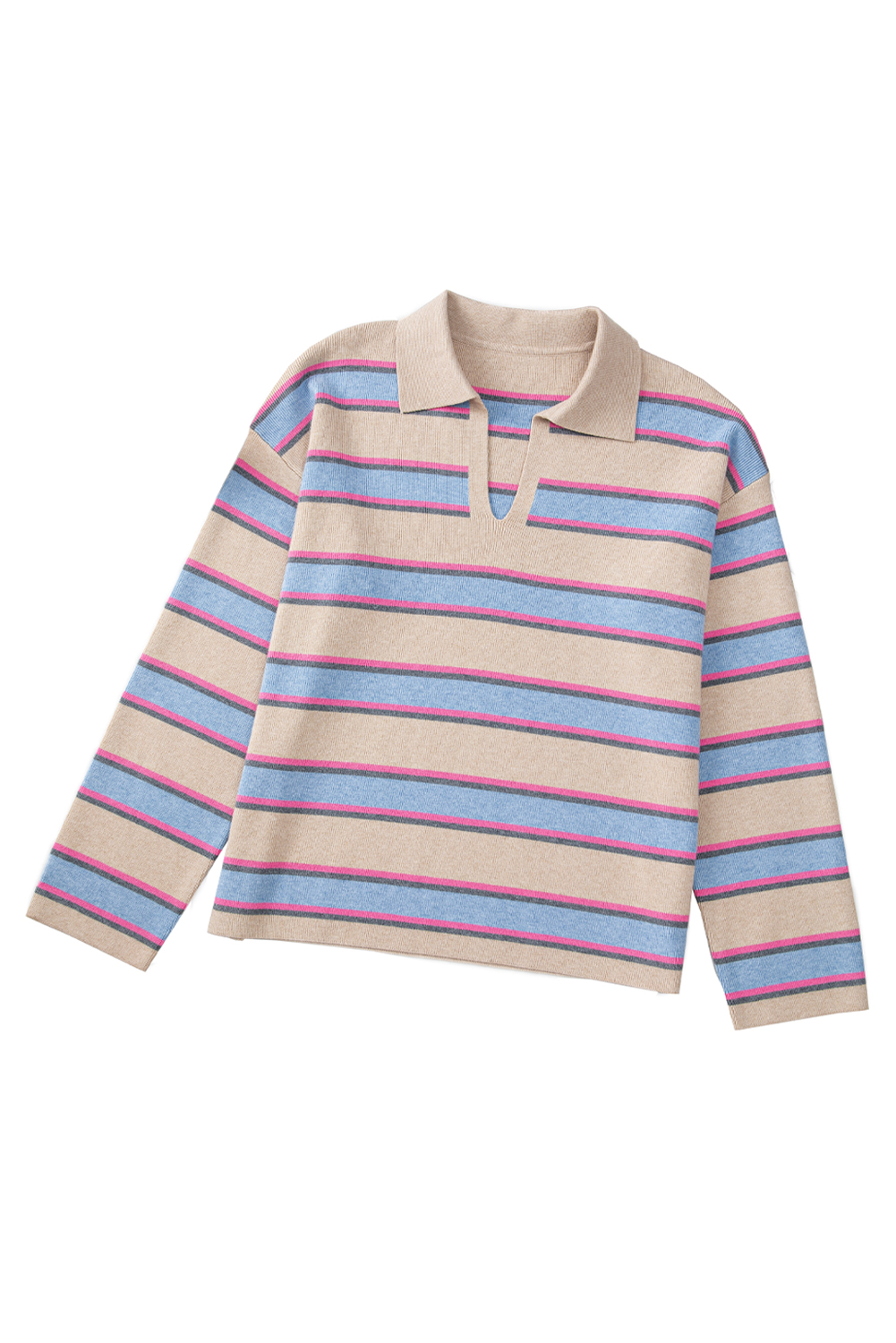 Apricot Stripe Collared V Neck Drop Shoulder Loose Sweater - loveforevers