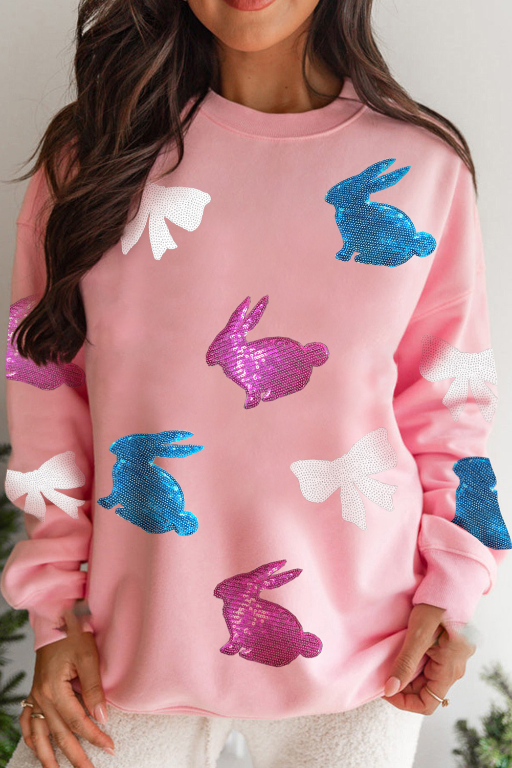 Pink Easter Bunny Bow Knot Sequined Crewneck Graphic Sweatshirt - loveforevers