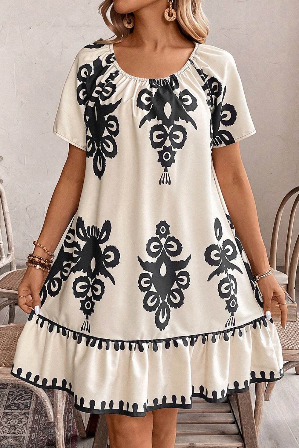 Beige Geometric Printed Sleeveless Hollowed Bowknot Back Mini Dress - loveforevers