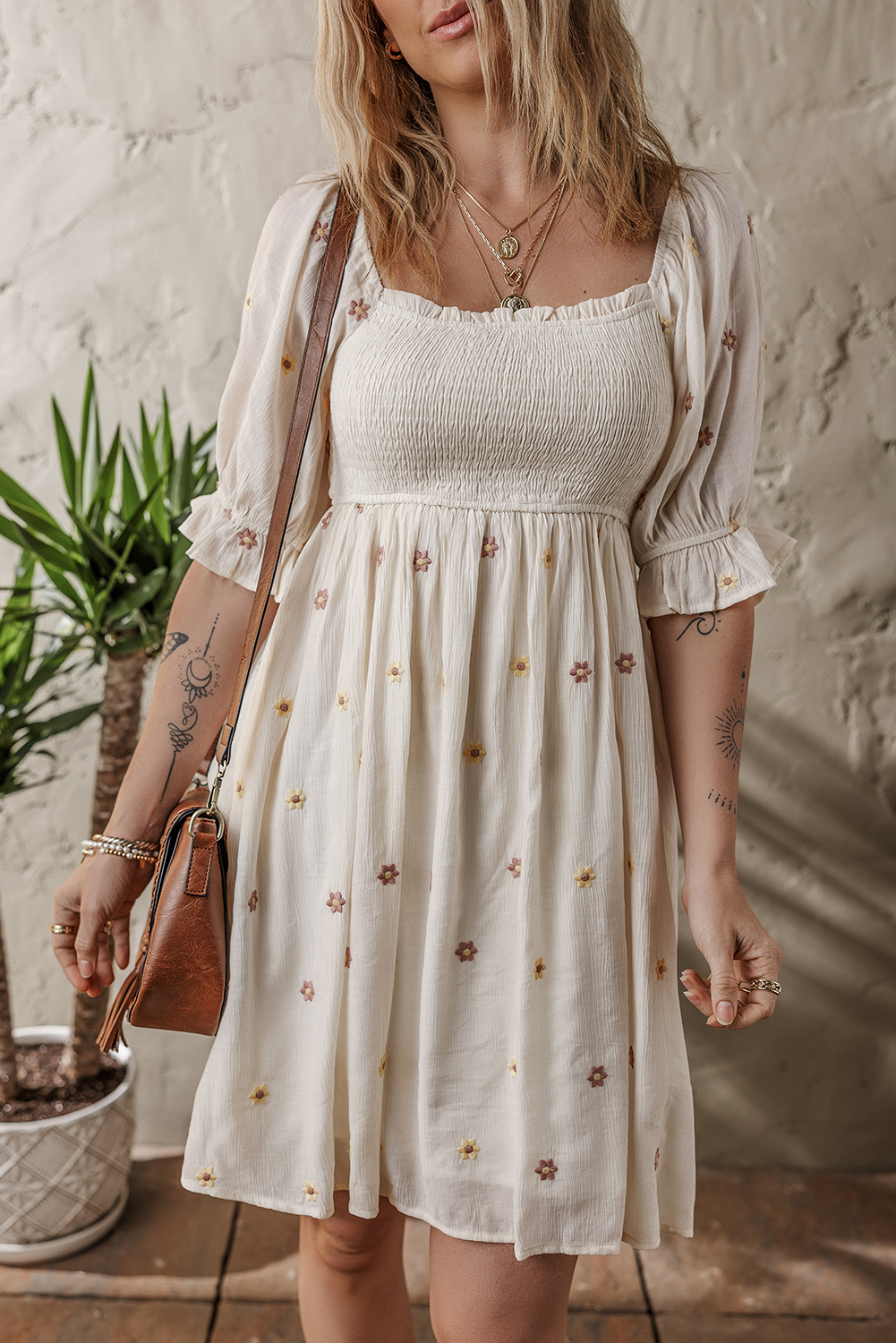 Beige Embroidered Flower Smocked Bust Half Puff Sleeve Empire Waist Textured Flowy Dress - loveforevers