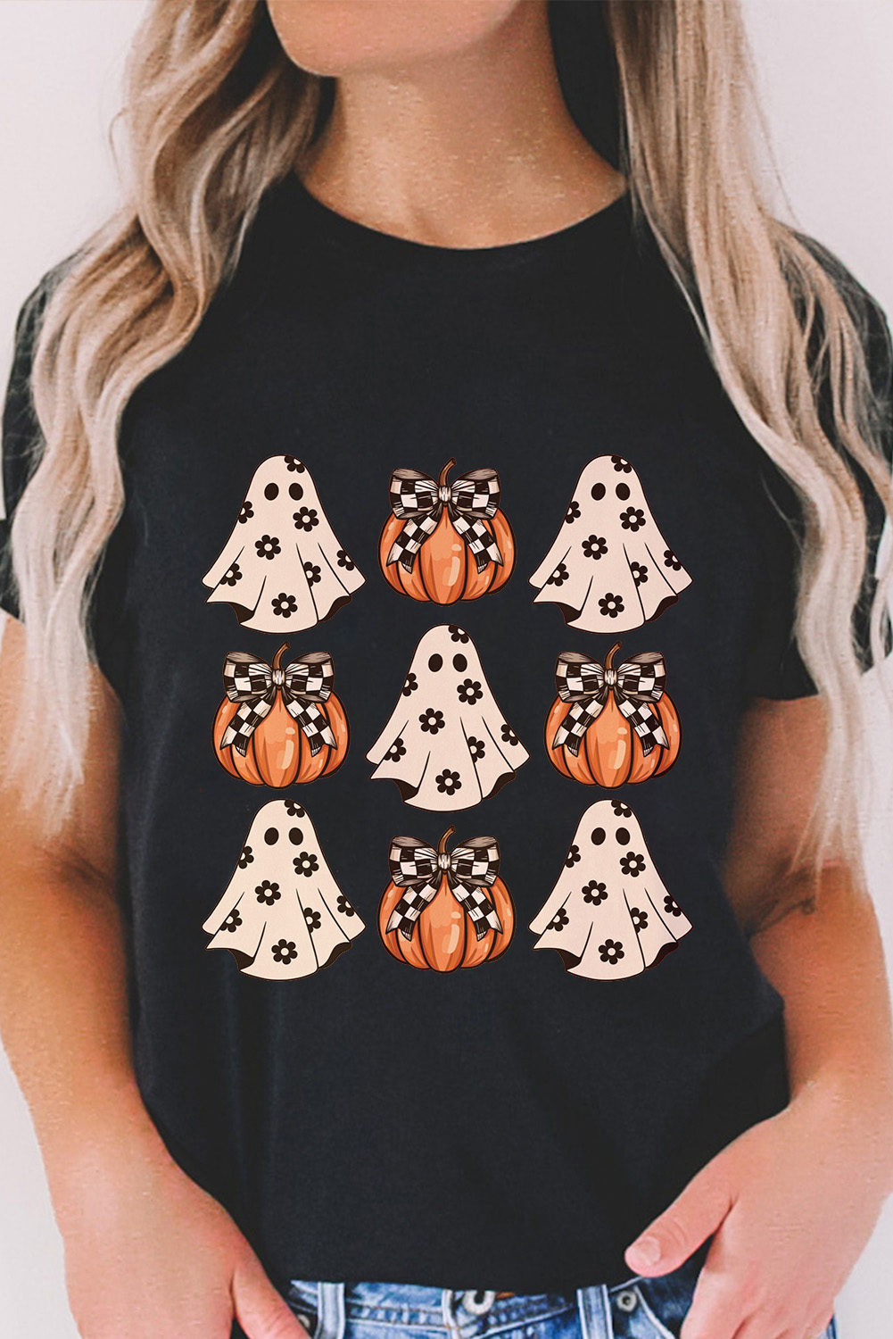 Black Halloween Ghost Pumpkin Print Crew Neck T Shirt - loveforevers
