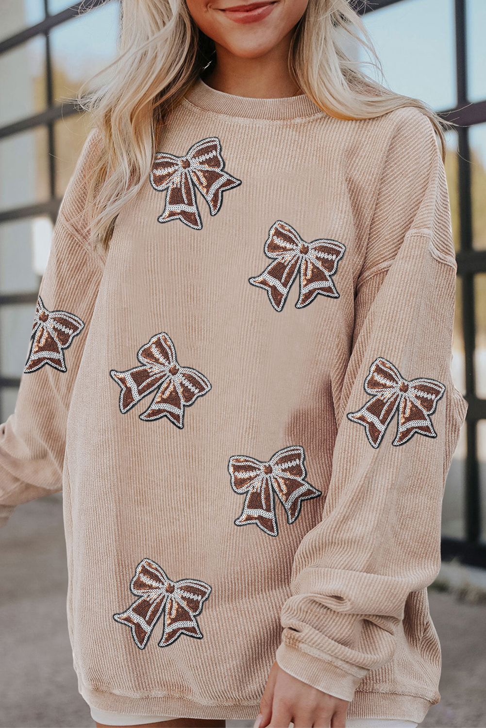 Apricot Oversize Sequin Bow Patched Corded Sweatshirt - loveforevers