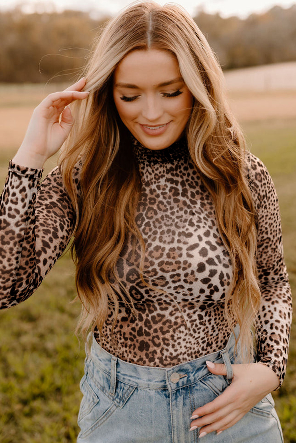 Brown Leopard Smocked Neck Mesh Long Sleeve Bodysuit - loveforevers