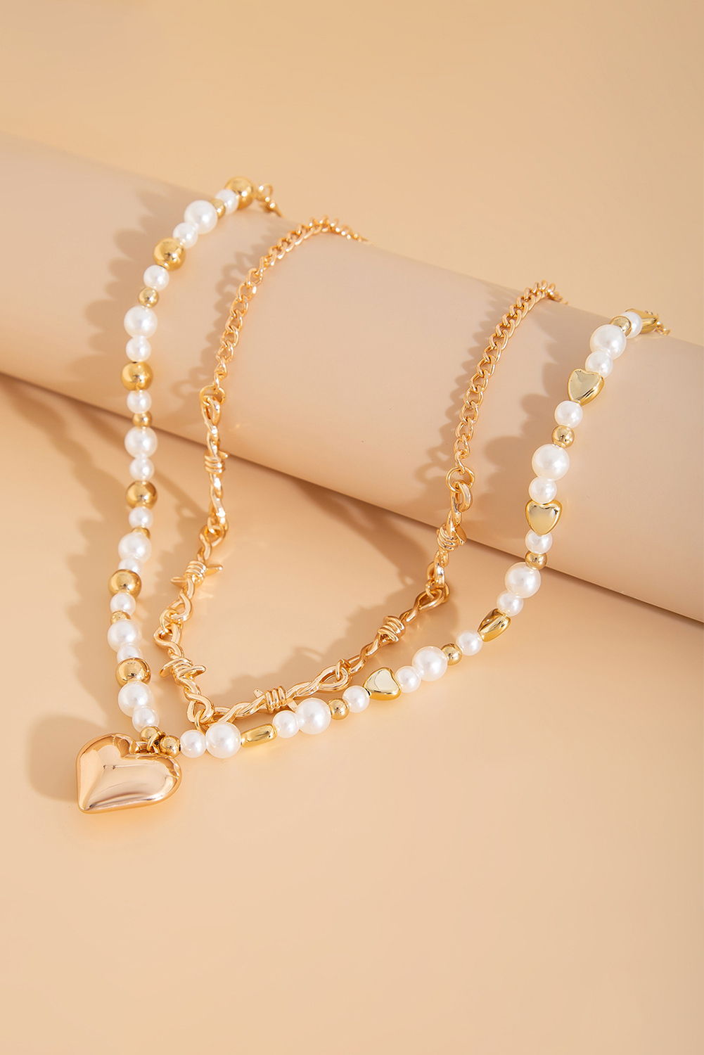 Gold 2pcs Alloy Plated Heart Pendant Pearl Necklace Set - loveforevers