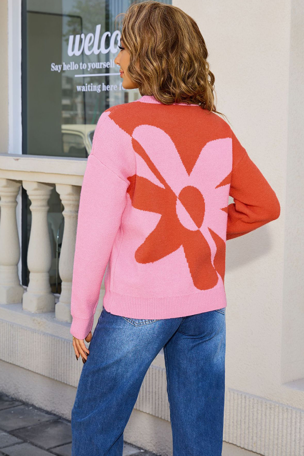 Black 2-tone Contrast Flower Pattern Drop Shoulder Bulk Sweater - loveforevers