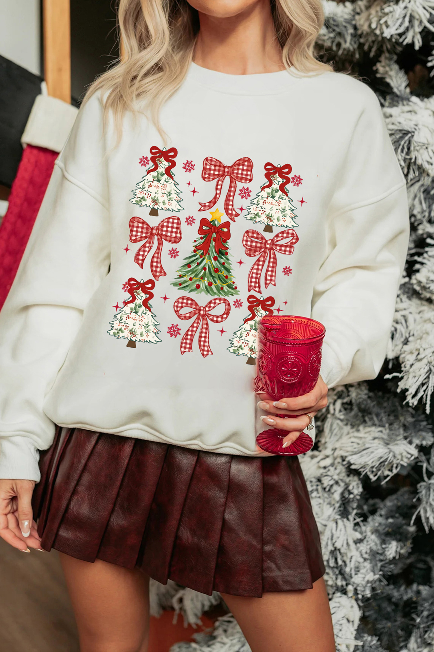 White Christmas Tree Ribbon Bow Printed Drop Shoulder Sweatshirt - loveforevers