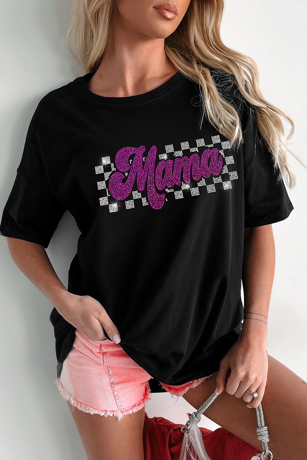 Black Rhinestone Mama Letter Graphic T Shirt - loveforevers