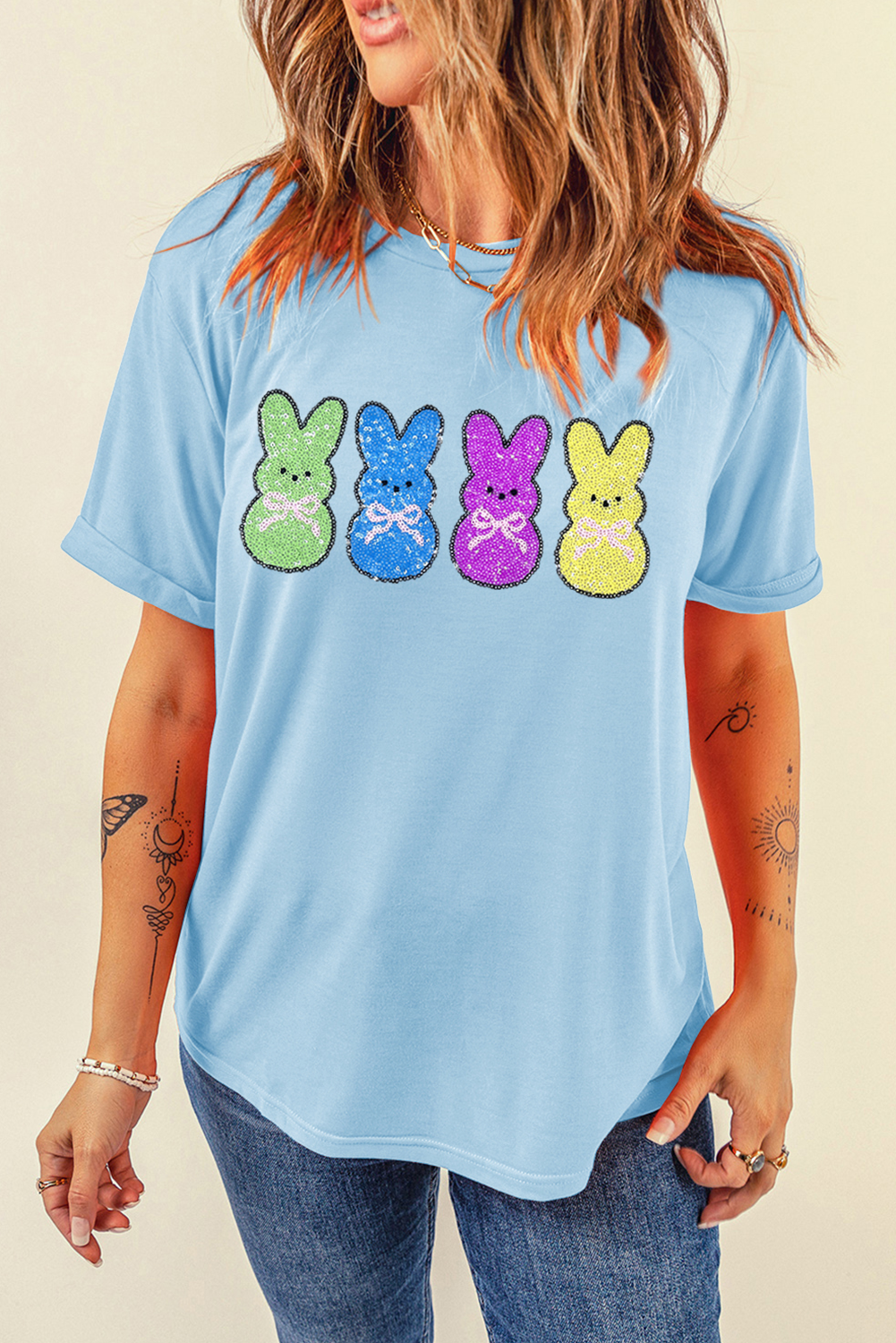 Light Blue Sequin Bunny Doll Graphic Casual T Shirt - loveforevers
