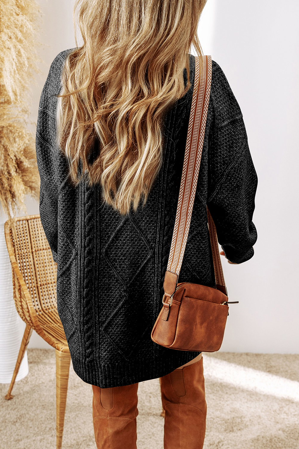 Parchment Cable Knit Drop Shoulder Loose Fit Sweater Dress - loveforevers