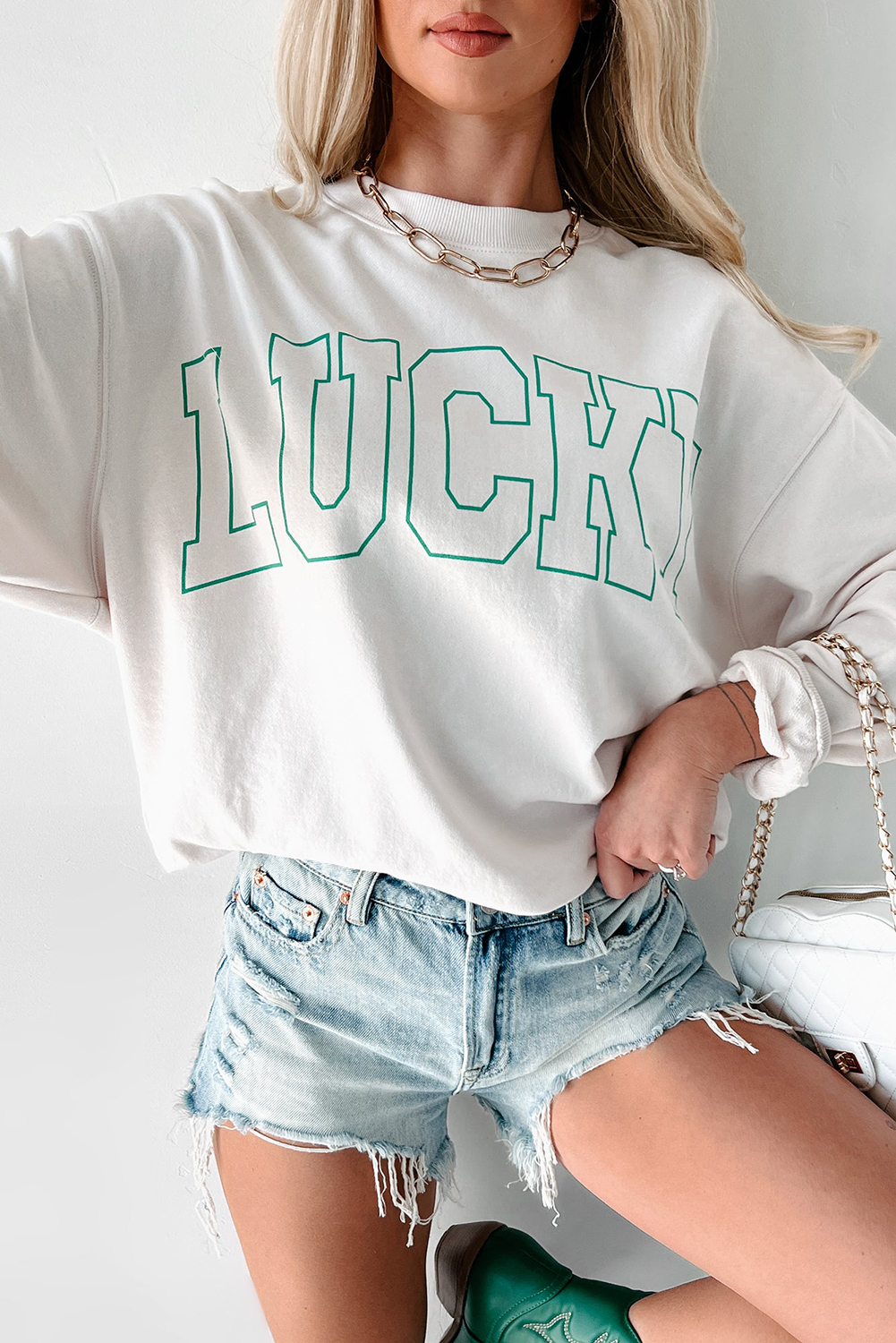 White St Patricks LUCKY Graphic Crew Neck Pullover Sweatshirt - loveforevers