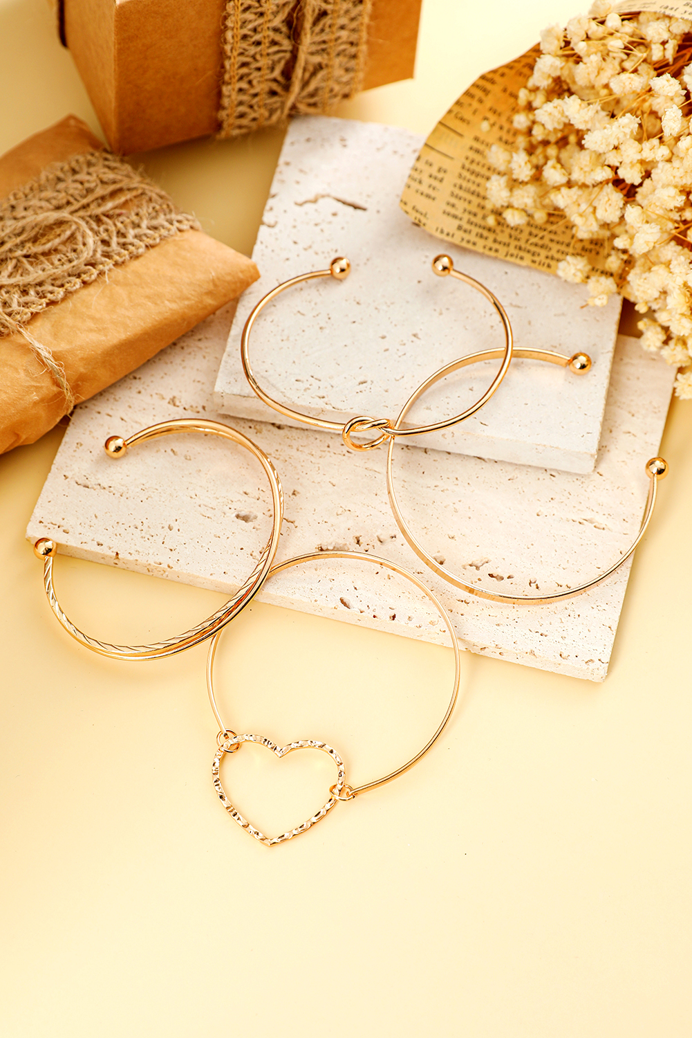 Gold Heart Knot Plated Multi Layer Open Cuff Bracelet Set - loveforevers