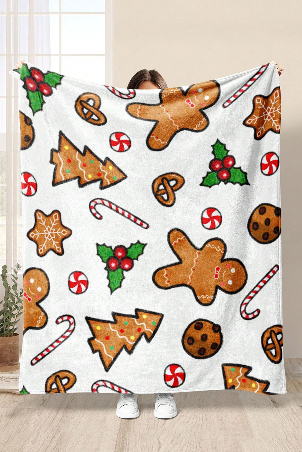 White Christmas Gingerbread Man Candy Elements Printed Blanket - loveforevers