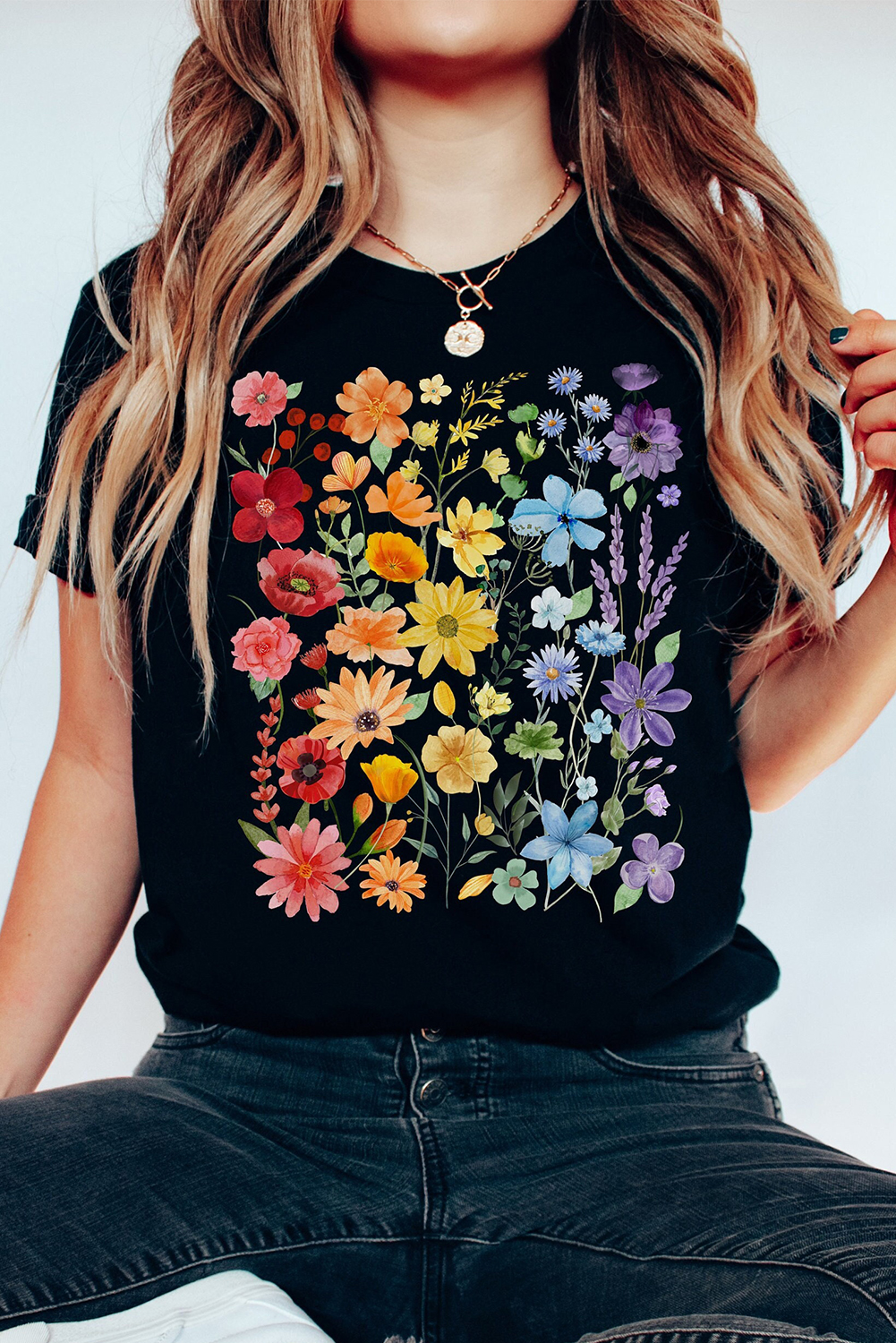 Black Beautiful Flower Print Cotton Blend Casual Tee - loveforevers