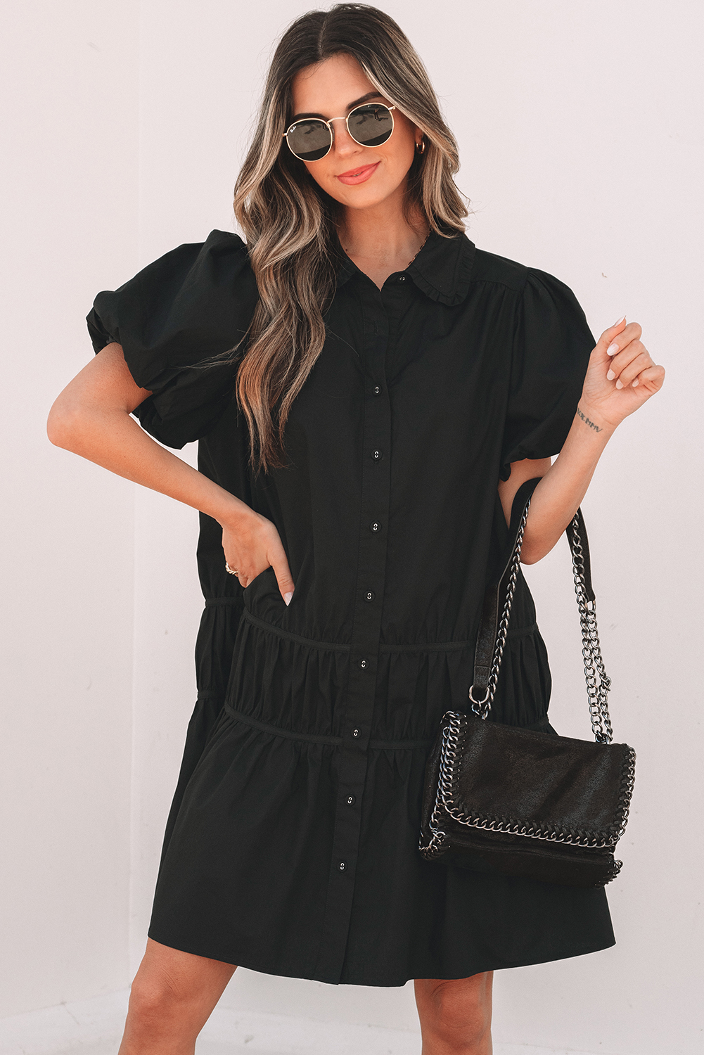 Black Shirt Style Button Down Puff Sleeve Ruffle Hem Dress - loveforevers
