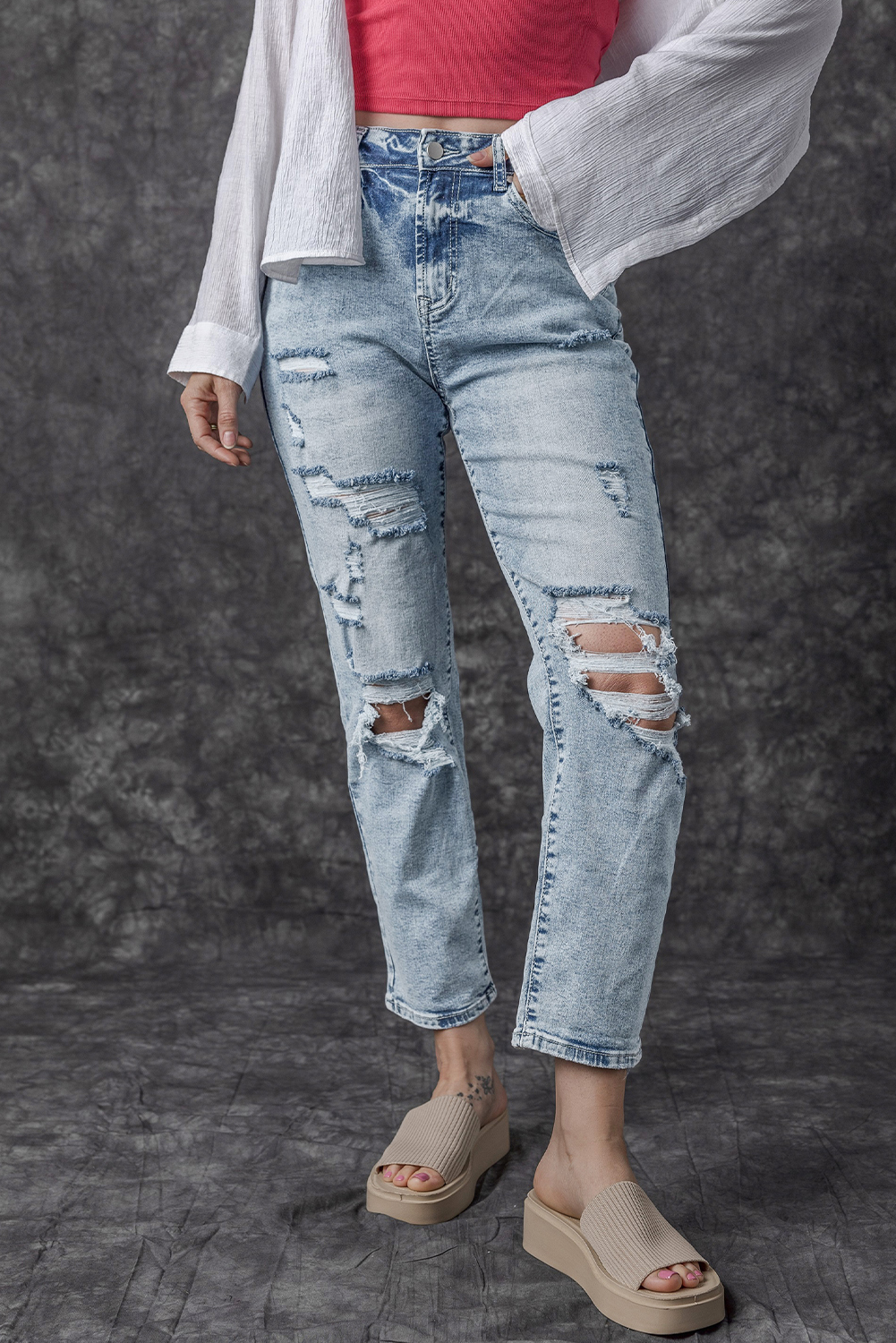 Sky Blue Light Wash Frayed Slim Fit High Waist Jeans - loveforevers