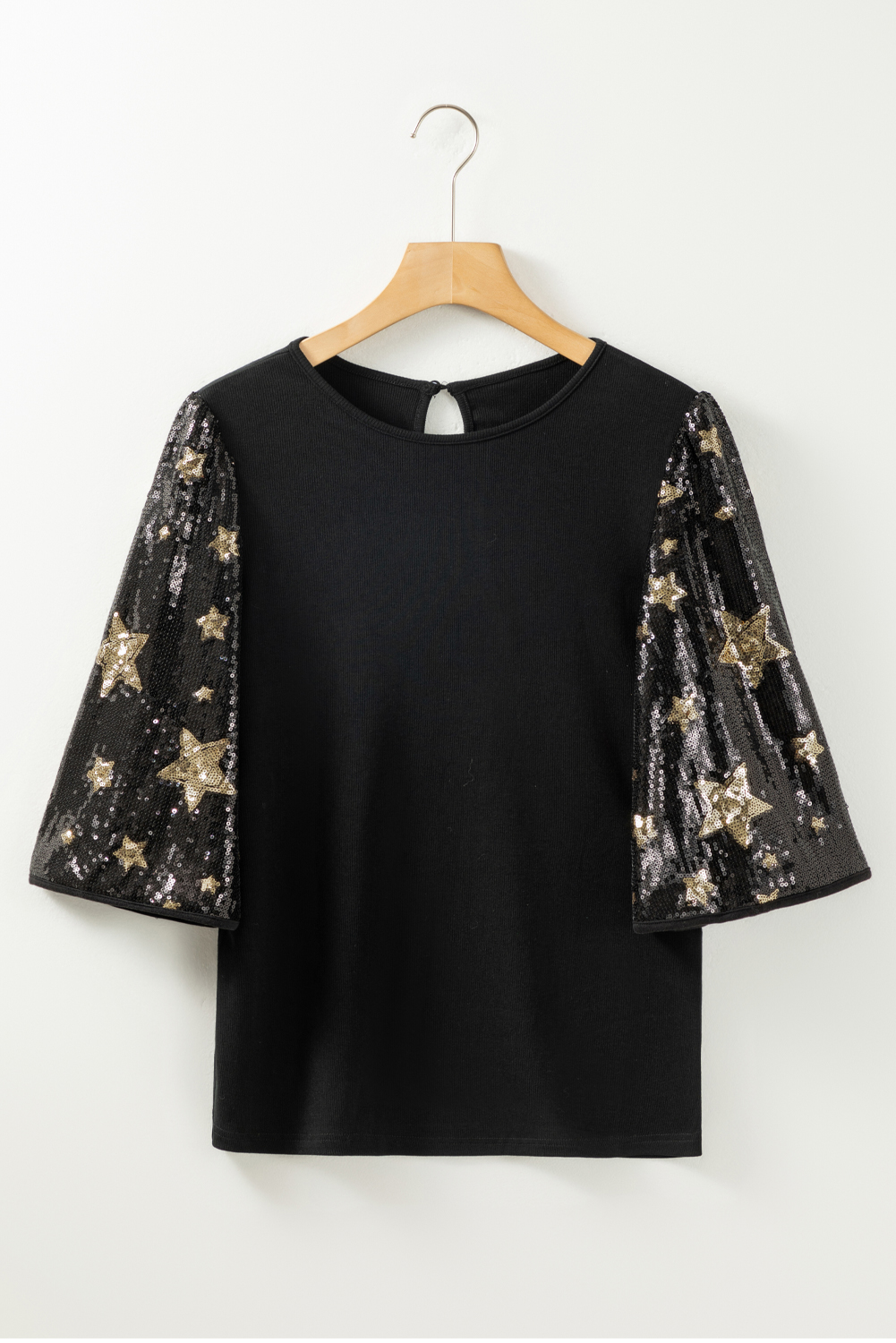 Black Star Sequin Splicing Half Sleeve Top - loveforevers