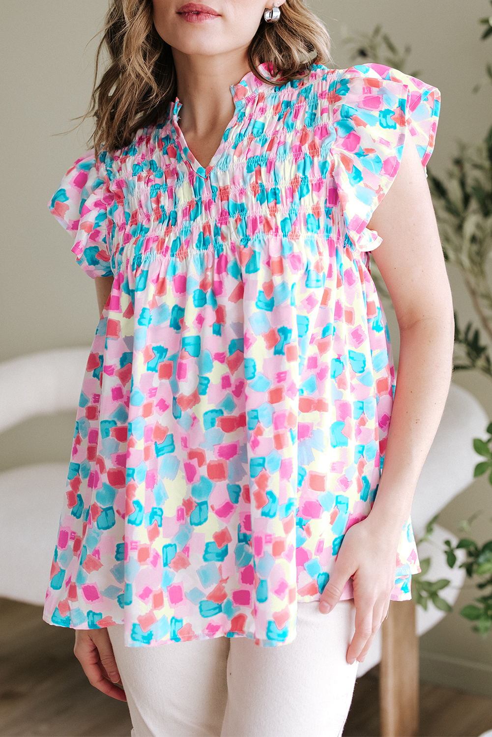 Sky Blue Shirred Yoke Ruffled Abstract Printed Blouse - loveforevers